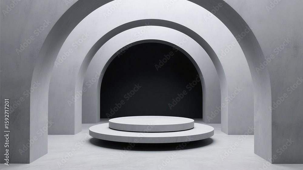 Poster a minimalist presentation stage with arches and a two tiered circular platform in gray tones