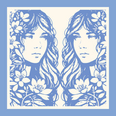 Dark Floral Twin Girls Canvas Art: Blue Halftone Decor