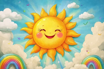 A cheerful sun with a smiling face, surrounded by fluffy clouds and colorful rainbows