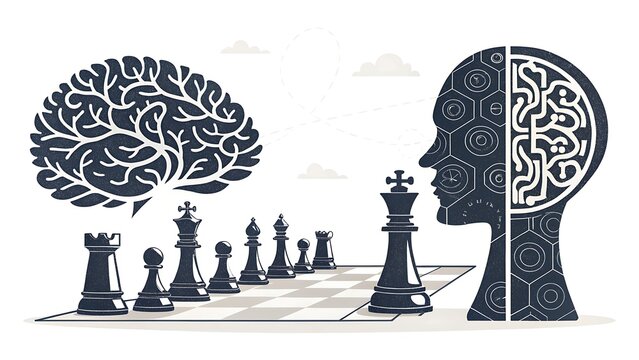 Chess strategy and human brain concept isolated on white background