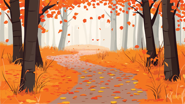 Scenic Autumn Forest Path with Orange Leaves - Fall Walk