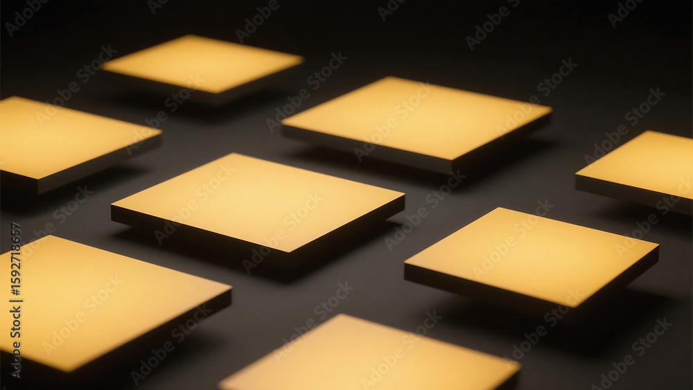 Poster golden square tiles arranged in a pattern on a dark surface creating an abstract composition view