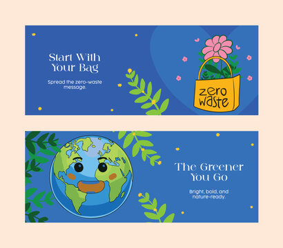 Colorful horizontal banner templates with smiling Earth and zero-waste tote. Perfect for eco-friendly sales, sustainability campaigns, and promoting conscious consumer habits.