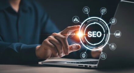 Photo of a person interacts with a digital interface displaying seo and various icons, representing search engine optimization strategies