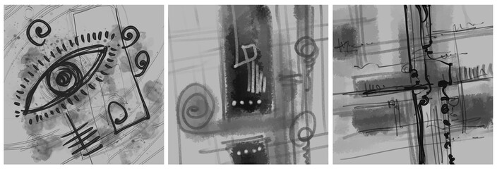 Fototapeta premium Modern interior triptych. The picture is painted by hand on a tablet.