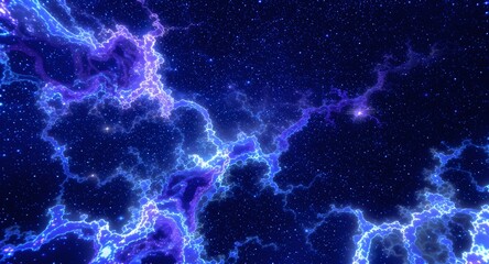 Abstract space scene featuring a cosmos filled with sparkling stars and vibrant blue and purple nebulas. The dynamic composition creates a sense of depth and wonder.