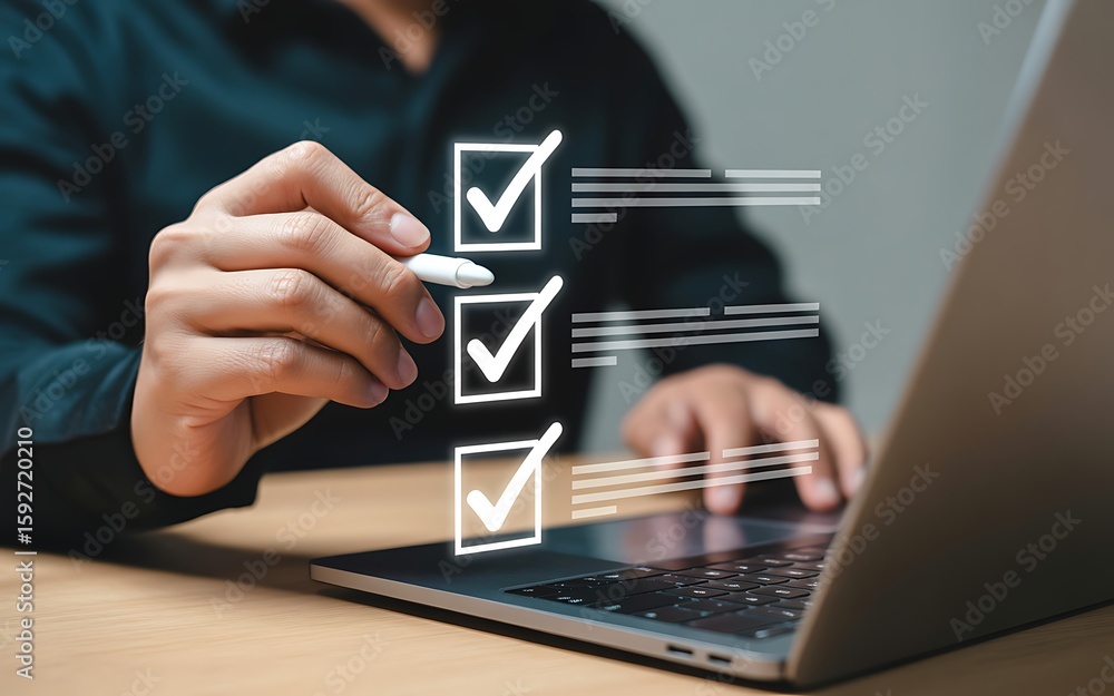 Poster completing digital checklist on laptop with stylus, streamlining tasks with online checklists and pr