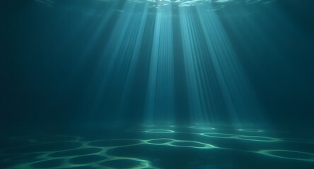 Underwater scene featuring beams of sunlight piercing the surface creating an ethereal ambiance revealing the seabed with hexagonal patterns a serene aquatic landscape.