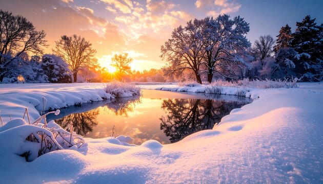 Winter sunrise over a snow-covered landscape