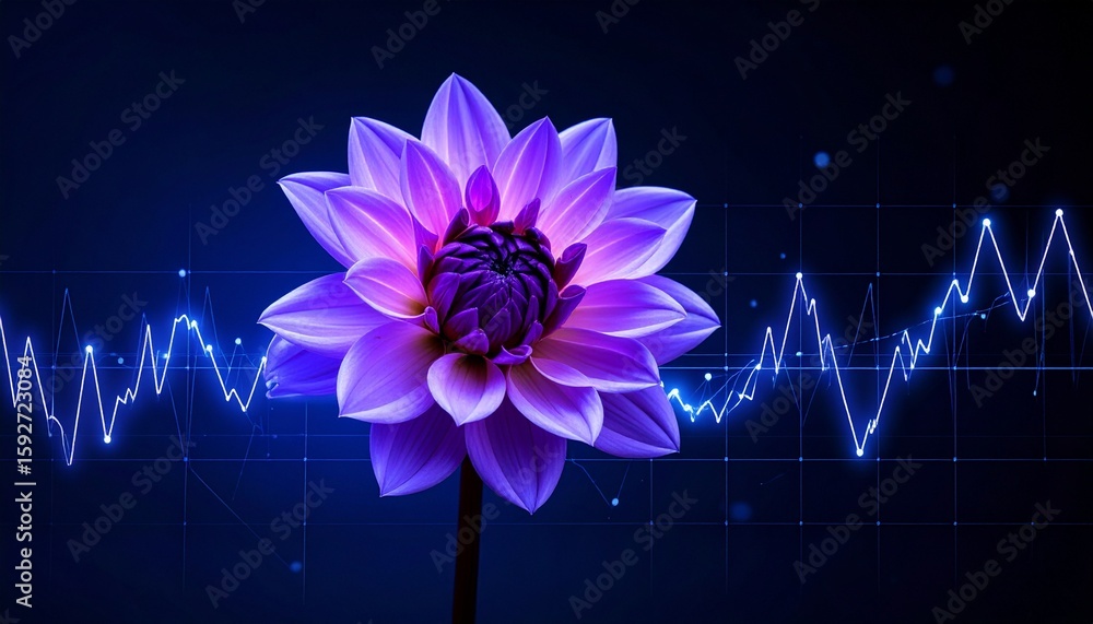 Poster abstract dahlia with dynamic waveform overlay and grid background in shades of blue