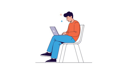 Young man in casual clothes working attentively on his laptop while sitting on a modern chair