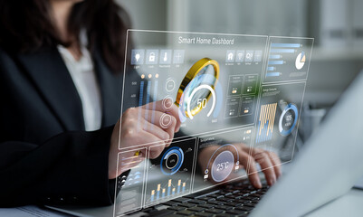 Smart home dashboard manages IoT system. Smart home dashboard controls temperature, dashboard...
