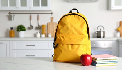 Yellow backpack with apple and notebooks on a kitchen counter ready for school