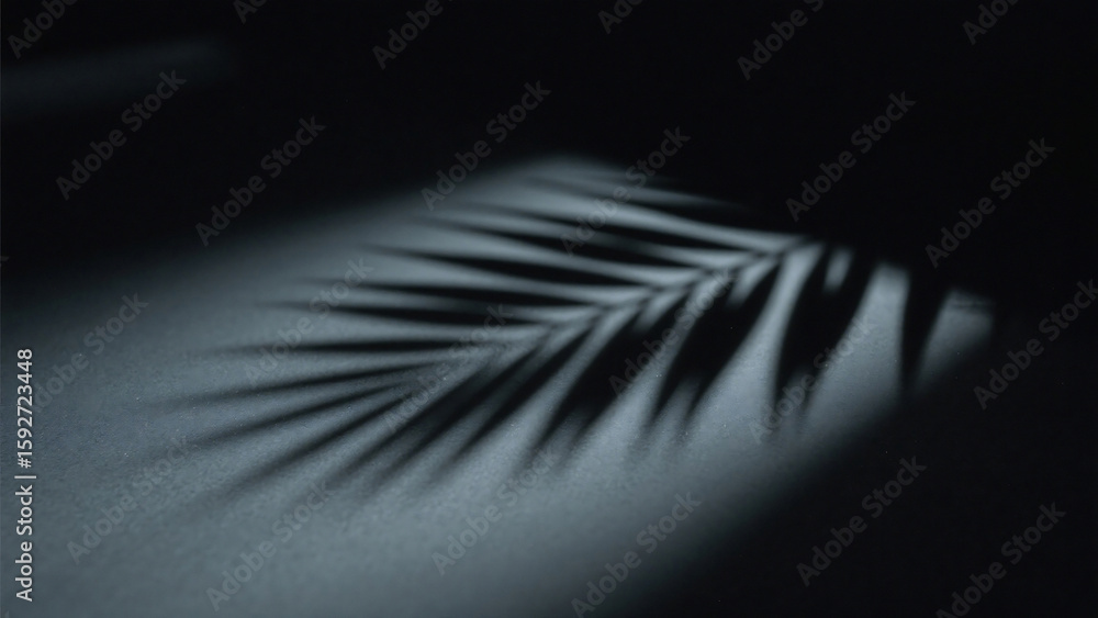 Poster shadow of a palm leaf cast on a surface in a dimly lit room creating a moody and artistic feeling