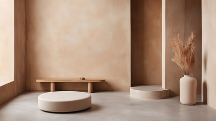 Minimalist Beige Room Interior Design with Wooden Bench