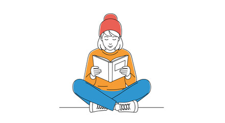 A young person wearing a red hat and orange sweater sits cross-legged reading a book