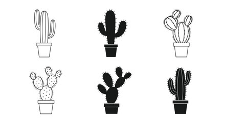 Collection of six potted cactus illustrations in black and white for your creative projects