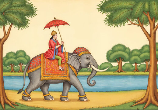 Mughal Emperor Riding Decorated Elephant in Procession beside Lake – Indian Miniature Vector Painting for Living Room Decor and Digital Wall Art