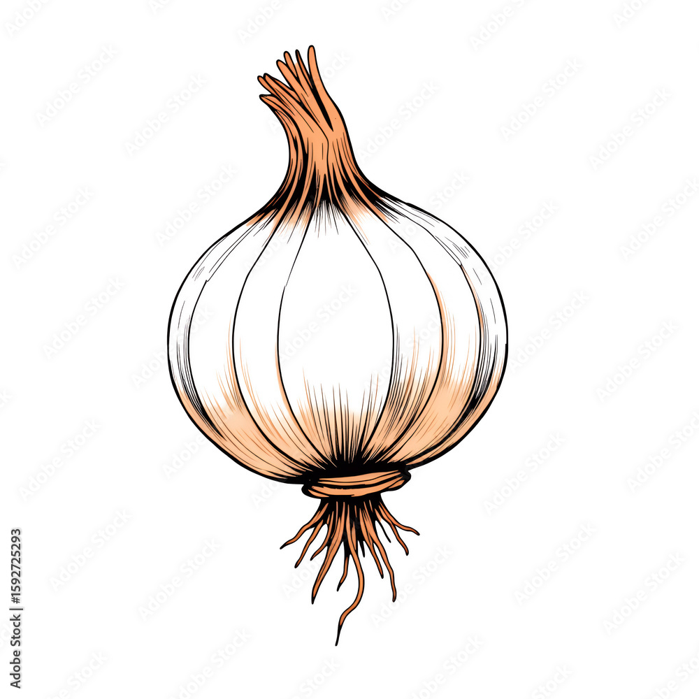 Poster illustration of a single onion with roots in sketch style on transparent background