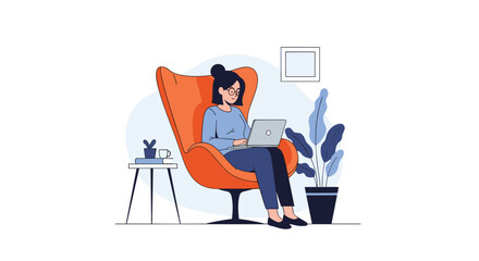 Fototapeta premium Young woman sitting in orange armchair working on laptop in cozy home office space