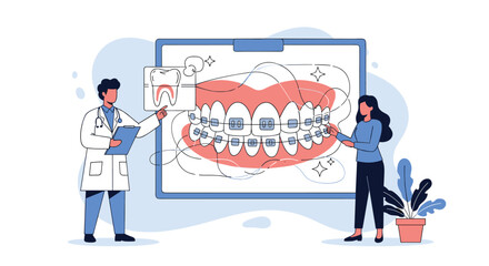Naklejka premium Orthodontic treatment explained by dentist discussing dental health with patient for beautiful smiles
