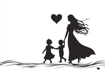 A mother walking with her two children under a heart in a silhouette