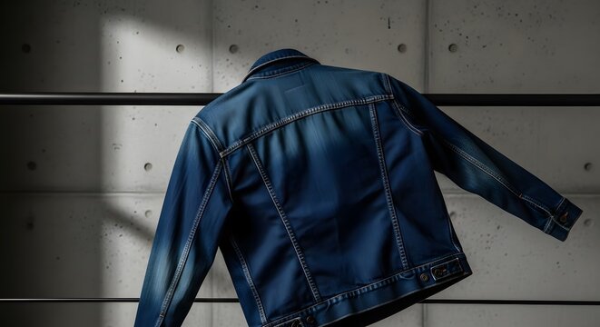 Back view of a denim jacket with beaded embellishments hanging against a textured concrete wall. Soft natural light casts shadows.