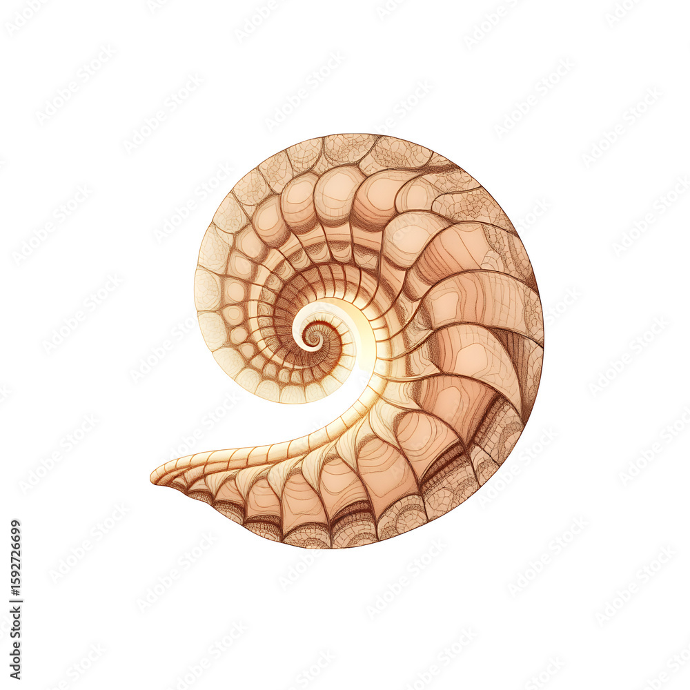 Poster illustration of a nautilus shell with a spiral pattern on transparent background