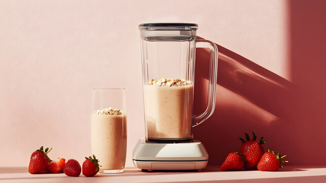 una licuadora con licuado batido o malteada de fresa deliciosa y saludable bebida natural 