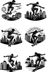 Fototapeta premium Skateboarder jumping in a city street scene at sunset Vector Design