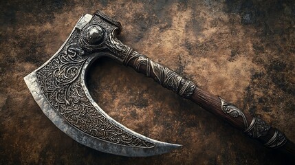 Ornate Battle Axe with Engraved Blade and Wooden Handle