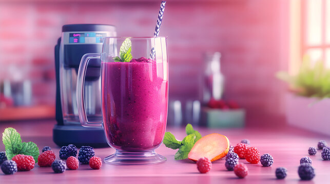 una licuadora con batido o malteada o licuado de frutos rojos como frambuesa y zarzamora frescas y naturales bebida deliciosa alimentacion saludable