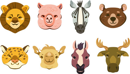 Set of cute cartoon adorable animals face including lion, leopard, bear, camel, alpaca, horse, zebra and moose.