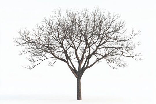 A bare tree with intricate branches stands isolated on white background