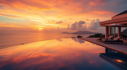 Swimming pool in luxury hotel resort with sea view at sunset time