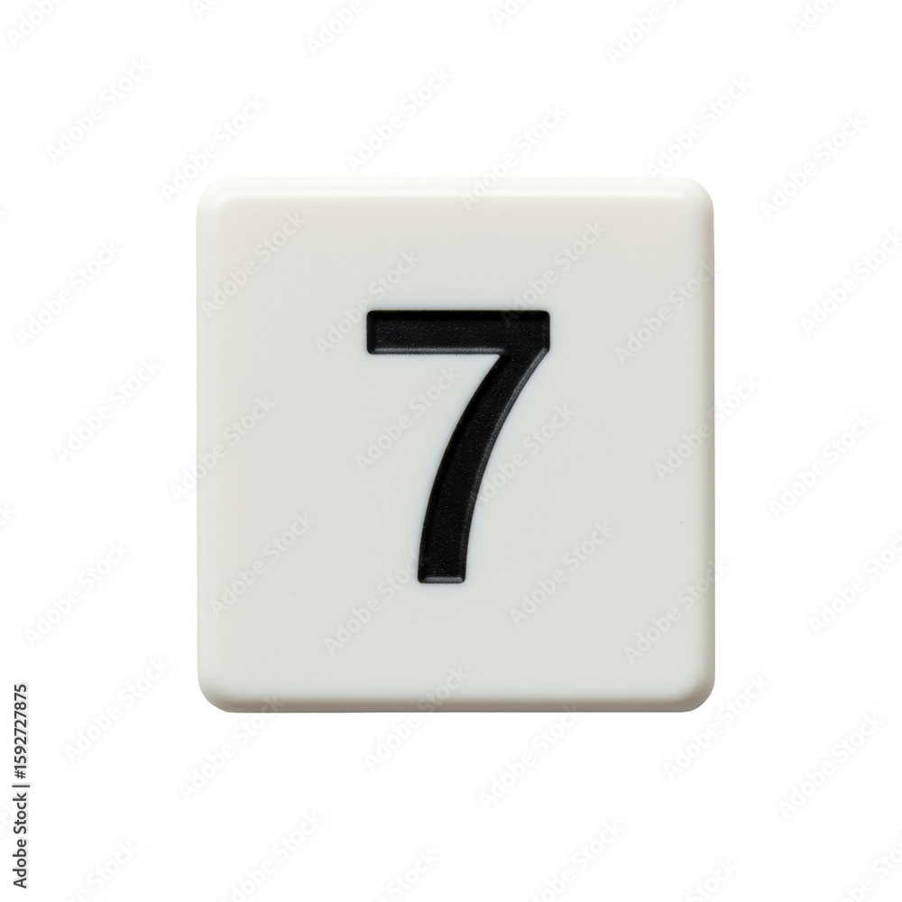 Poster transparent rectangular plastic game tile with a bold black number '7', smooth matte finish, and pre