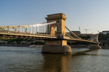 Obraz premium Budapest, Hungary - July 7, 2025: View of the city landmarks. Szechenyi Chain Bridge.