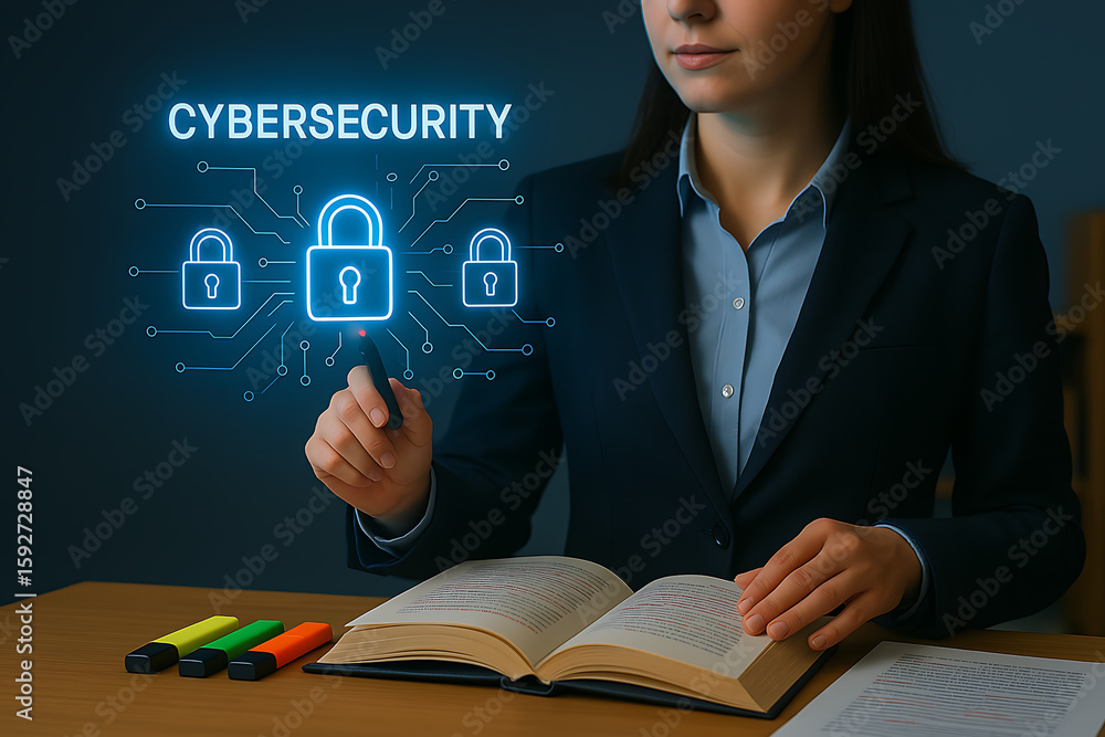 Poster cybersecurity expert analyzes digital security with glowing locks, ensuring data protection and info