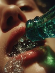 Artistic Close-Up of Sparkling Water Pouring into Mouth from Bottle