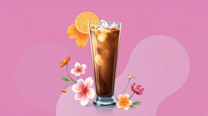 Iced coffee with orange and flowers on pink background. 3d illustration