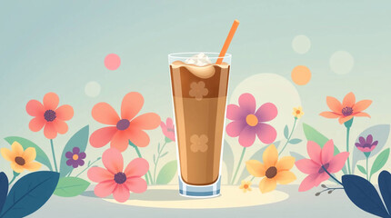 Illustration of a glass of ice coffee with a straw and flowers on the background