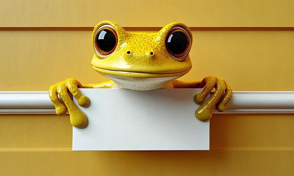 Cute yellow frog holding a blank sign