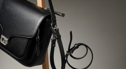 Black leather handbag with metallic hardware on a wooden display against a neutral background