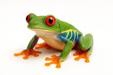A vibrant green frog with striking red eyes sits poised on a pristine white background