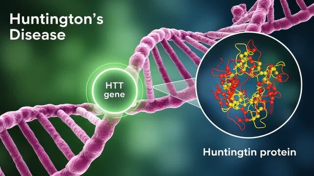 Huntingtons disease illustrated with a dna helix, htt gene, and huntingtin protein