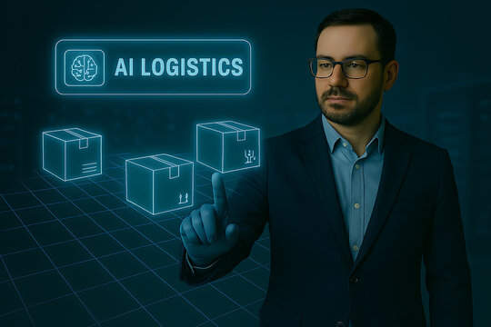 Innovative man explores AI logistics interface with digital boxes, envisioning the future of supply chain and automation. - Powered by Adobe