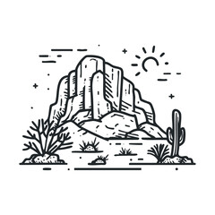 Desert landscape with mountains and cacti under the sun