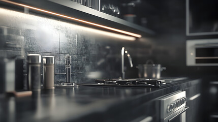 un acercamiento de una cocina limpia y ordenada minimalista en tonos gris oxford 