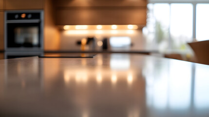 acercamiento desenfocado de una cocina limpia y vacia ordenada minimalista con estilo de lujo elegante y sobrio 