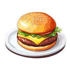 Delicious Burger on a plate, savory burger with lettuce, tomato, and cheese, isolated on transparent background